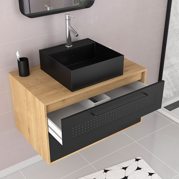 AURLANE - Meuble de Salle de Bains 80 cm avec Vasque Carrée - Finition Chêne naturel et Noir Mat - UBY - large