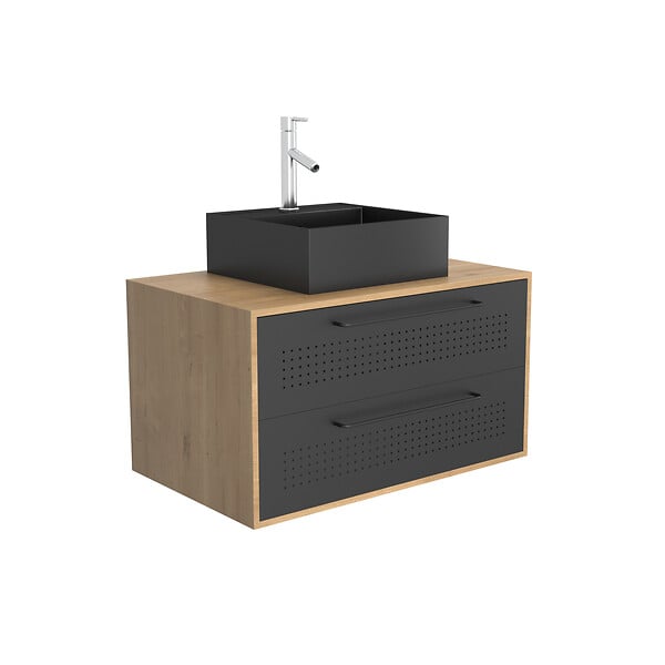 AURLANE - Meuble de Salle de Bains 80 cm avec Vasque Carrée - Finition Chêne naturel et Noir Mat - UBY - large