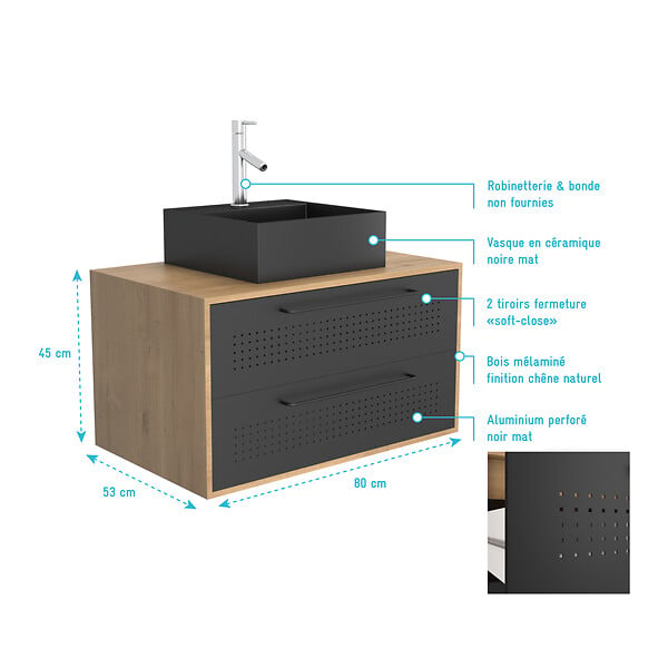 AURLANE - Meuble de Salle de Bains 80 cm avec Vasque Carrée - Finition Chêne naturel et Noir Mat - UBY - large