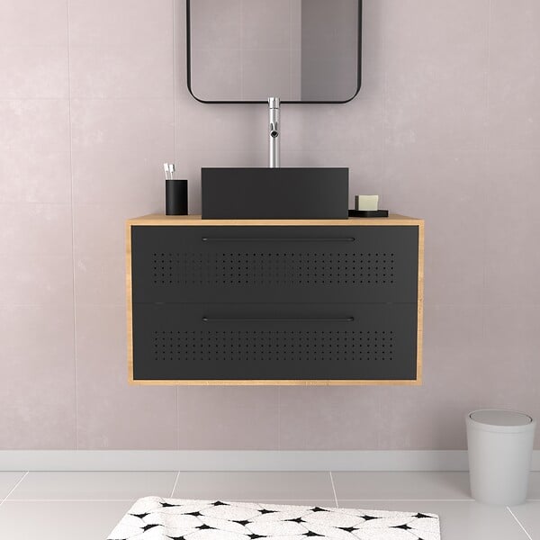 AURLANE - Meuble de Salle de Bains 80 cm avec Vasque Carrée - Finition Chêne naturel et Noir Mat - UBY - large