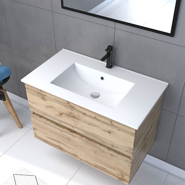 AURLANE - Meuble salle de bain 80x54 - Finition chene naturel + vasque blanche + miroir - TIMBER 80 - Pack 35 - large