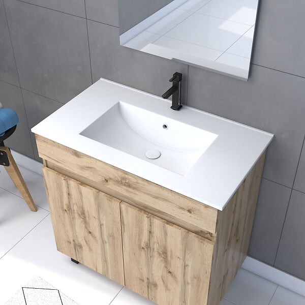 AURLANE - Meuble salle de bain 80x80 -Finition chene naturel + vasque blanche + miroir Led- TIMBER 80 - Pack27 - large