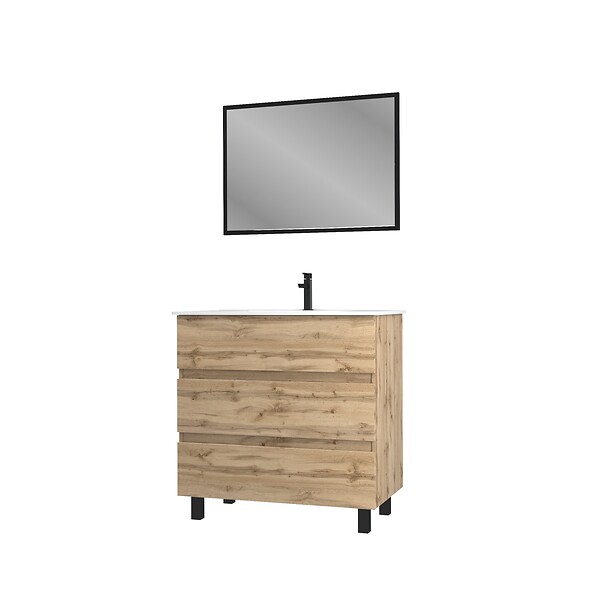 AURLANE - Meuble salle de bain 80x60 - Finition chene naturel + vasque blanche + miroir - TIMBER 80 - Pack 45 - large