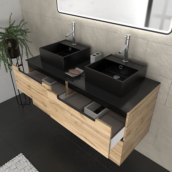 AURLANE - Meuble salle de bains 120cm Chêne et noir, Vasques carrées et Miroir Black Led 120x70 - OMEGA - large