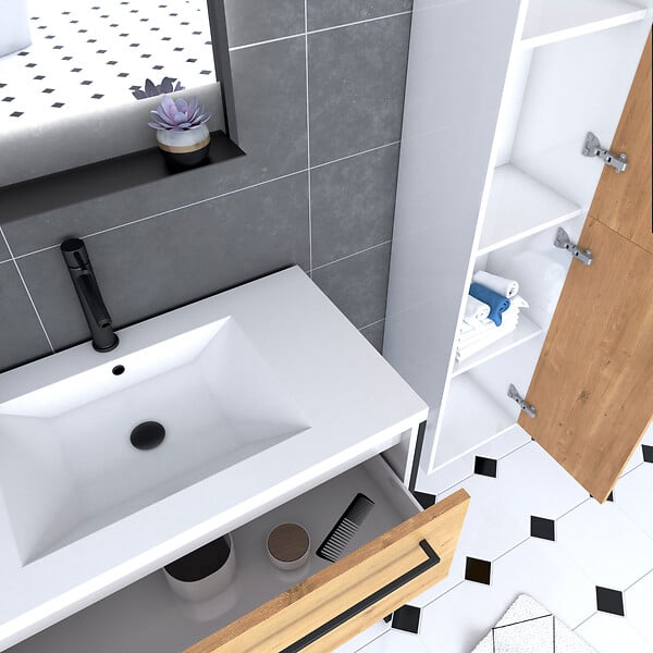 AURLANE - Meuble Salle de Bains 80 cm, Vasque Blanche, Miroir Led et Colonne - Blanc et Chêne - STRUCTURA - large
