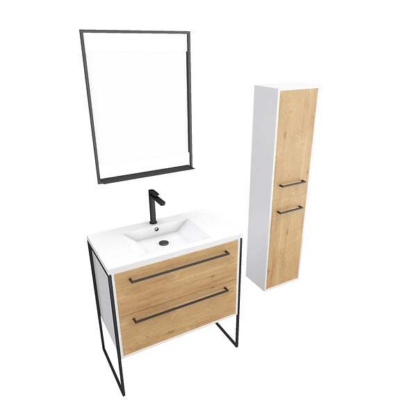 AURLANE - Meuble Salle de Bains 80 cm, Vasque Blanche, Miroir Led et Colonne - Blanc et Chêne - STRUCTURA - large