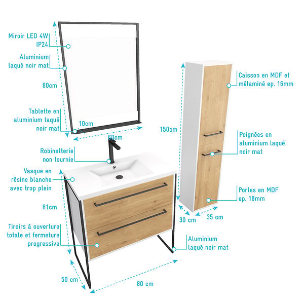AURLANE - Meuble Salle de Bains 80 cm, Vasque Blanche, Miroir Led et Colonne - Blanc et Chêne - STRUCTURA - large