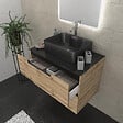 AURLANE - Meuble salle de bains 80 cm 2 tiroirs - Chêne et noir - Vasque rectangle - Miroir Led - OMEGA - vignette