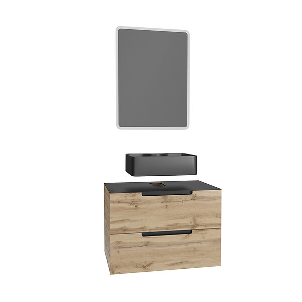 AURLANE - Meuble salle de bains 80 cm 2 tiroirs - Chêne et noir - Vasque rectangle - Miroir Led - OMEGA - large