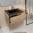 AURLANE - Meuble de salle de bains 60 cm 2 Tiroirs Chêne Naturel + Vasque Céramique Noire - TIMBER - vignette