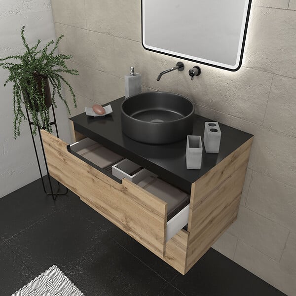 AURLANE - Meuble salle de bains 80 cm 2 tiroirs - Chêne et noir - Vasque ronde - Miroir Black Led - OMEGA - large