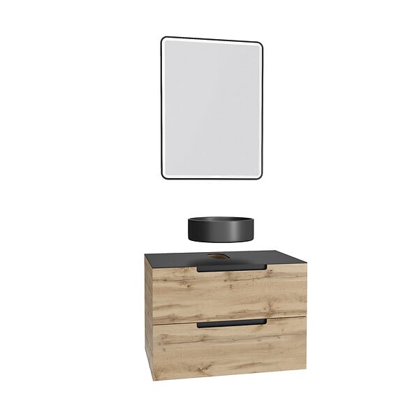 AURLANE - Meuble salle de bains 80 cm 2 tiroirs - Chêne et noir - Vasque ronde - Miroir Black Led - OMEGA - large