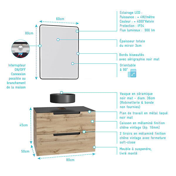 AURLANE - Meuble salle de bains 80 cm 2 tiroirs - Chêne et noir - Vasque ronde - Miroir Black Led - OMEGA - large