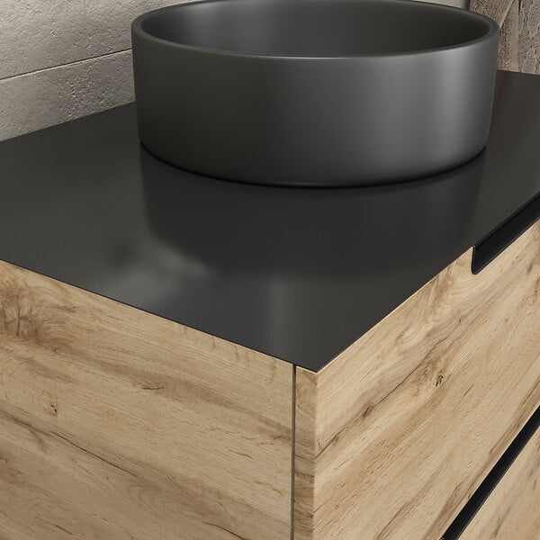 AURLANE - Meuble salle de bains 80 cm 2 tiroirs - Chêne et noir - Vasque ronde - Miroir Black Led - OMEGA - large