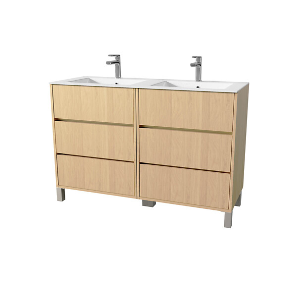 AURLANE - Pack Meuble Salle de Bains 120 cm Chêne Clair, 6 tiroirs avec Vasque Céramique - XENOS - large