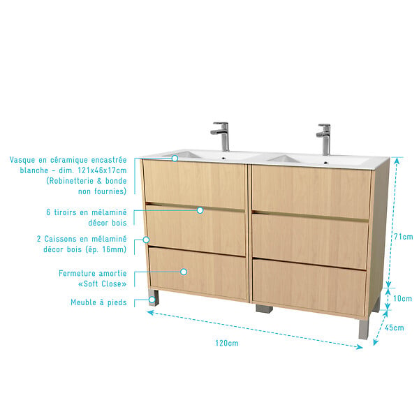 AURLANE - Pack Meuble Salle de Bains 120 cm Chêne Clair, 6 tiroirs avec Vasque Céramique - XENOS - large
