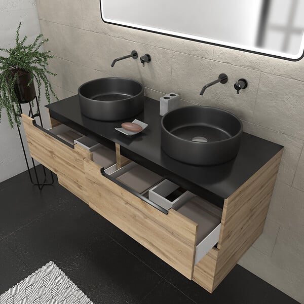 AURLANE - Meuble salle de bains 120cm Chene et noir, Vasques rondes Diam 36cm et Miroir Black Led 120x70 - large