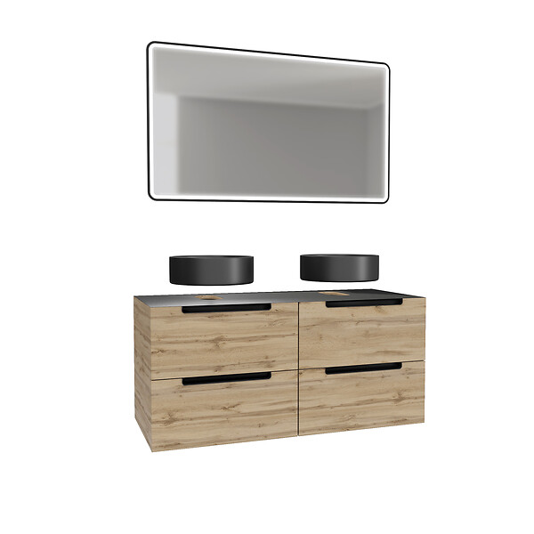 AURLANE - Meuble salle de bains 120cm Chene et noir, Vasques rondes Diam 36cm et Miroir Black Led 120x70 - large