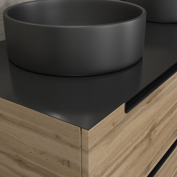 AURLANE - Meuble salle de bains 120cm Chene et noir, Vasques rondes Diam 36cm et Miroir Black Led 120x70 - large