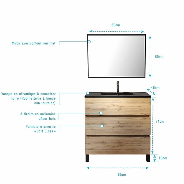 AURLANE - Meuble salle de bains 80cm décor chene naturel 3 tiroirs - Vasque noire et Miroir - TIMBER - large