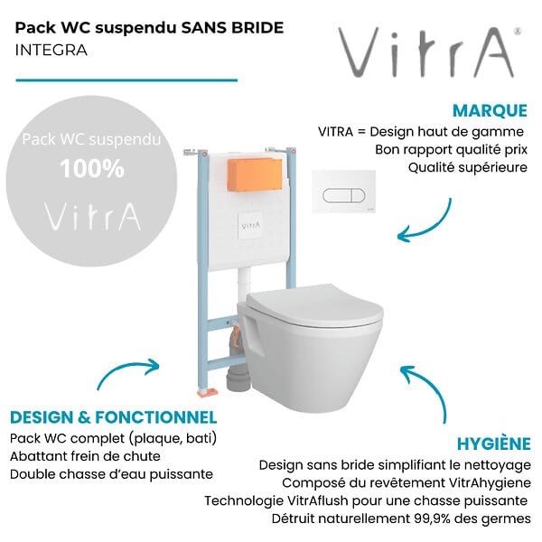 VITRA - Pack WC suspendu VitrA Integra blanc + bâti mur porteur V-Fix Core + Plaque Round Blanche - large