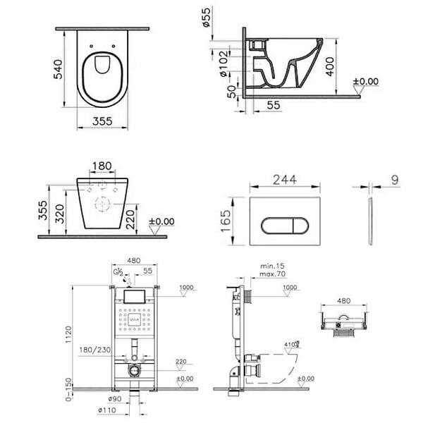VITRA - Pack WC suspendu VitrA Integra blanc + bâti mur porteur V-Fix Core + Plaque Round Blanche - large