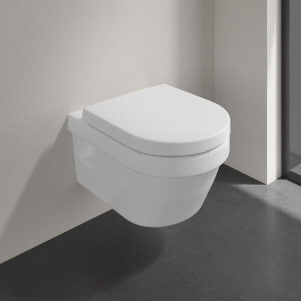 VILLEROY ET BOCH - Pack WC suspendu sans bride  Architectura 37 x 53 + abattant + plaque blanche + bâti  + Tabouret bois - large