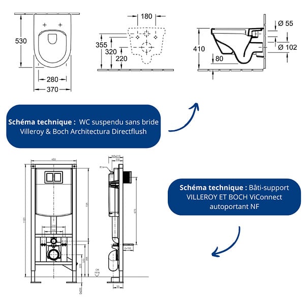 VILLEROY ET BOCH - Pack WC suspendu sans bride  Architectura 37 x 53 + abattant + plaque blanche + bâti  + Tabouret bois - large