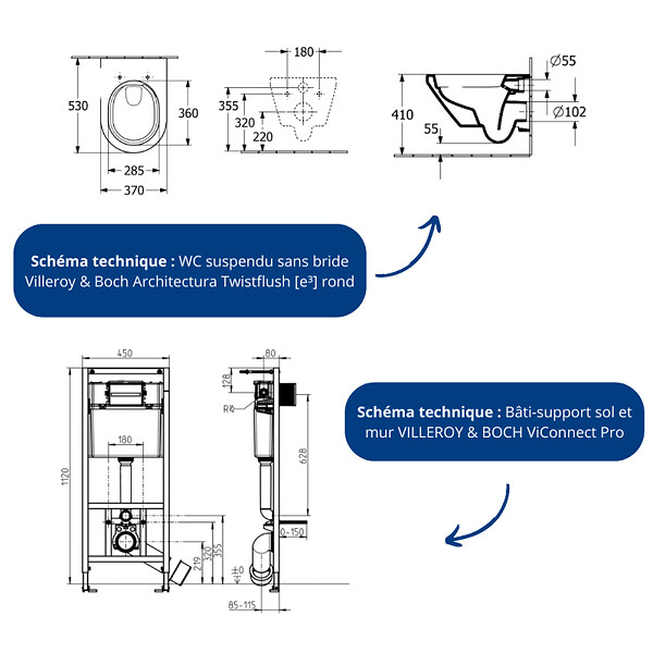 VILLEROY ET BOCH - Pack WC suspendu sans bride Architectura Twistflush [e³] rond + bâti-support sol et mur + plaque blanc - large