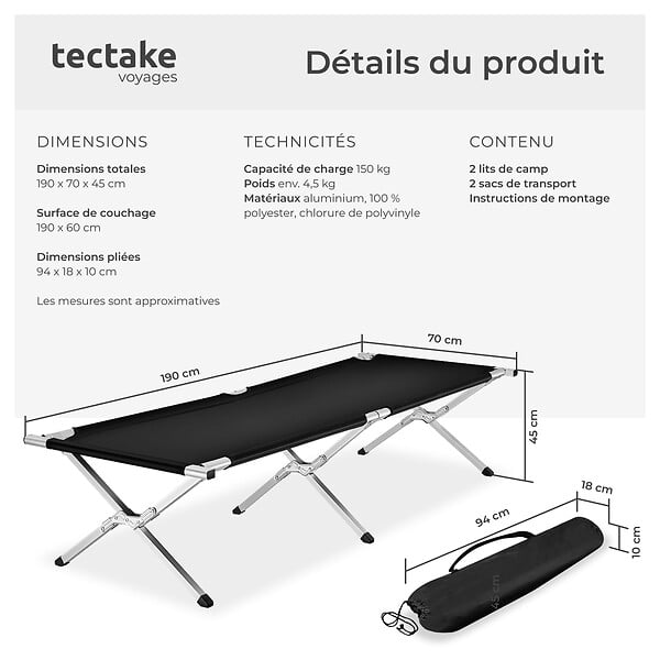 TECTAKE - Lot de 2 lits de camp noir - large