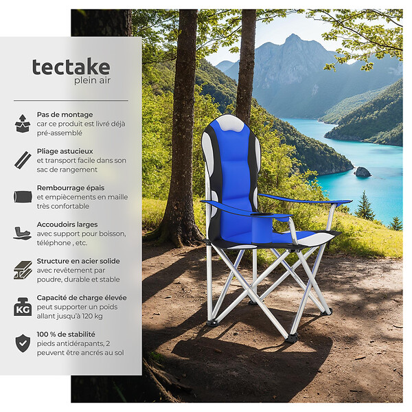 TECTAKE - Chaise pliante avec rembourrage bleu - large