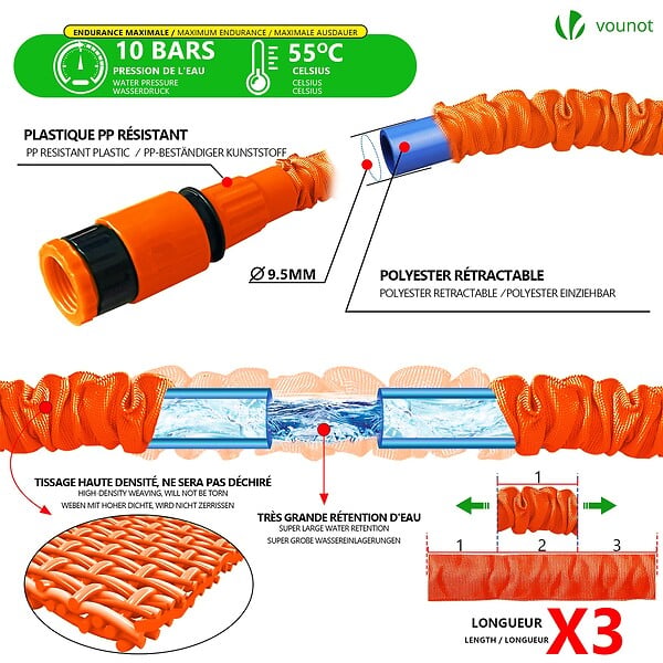 VOUNOT - Tuyau d’Arrosage Extensible 30m avec Accessoires orange - large