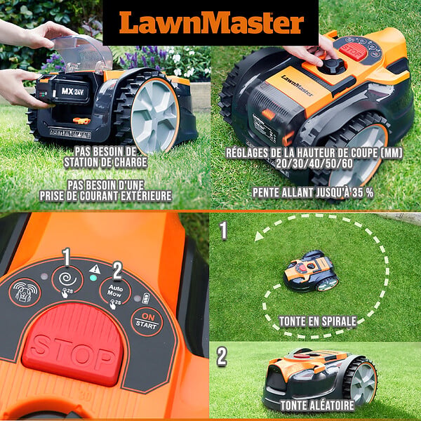 LAWNMASTER - Robot tondeuse autonome 24V sans fil périmétrique - Le robot le plus simple du marché - large