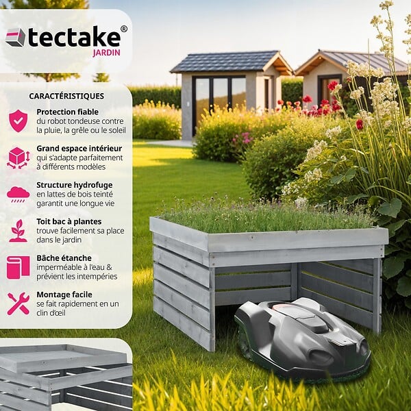 TECTAKE - Garage pour robot tondeuse en bois avec toit végétalisable - large