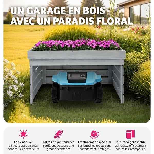 TECTAKE - Garage pour robot tondeuse en bois avec toit végétalisable - large