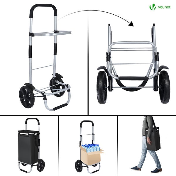 VOUNOT - Chariot de course pliable aluminium 2 roues avec sac isotherme noir - large
