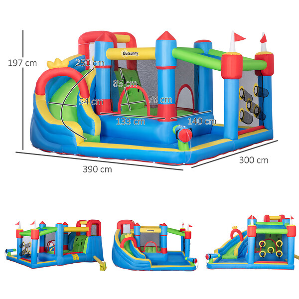 OUTSUNNY - Château gonflable structure gonflable aire de jeux 3-8 ans avec gonfleur et sac de transport 390 x 300 x 197 cm - multicolore - large