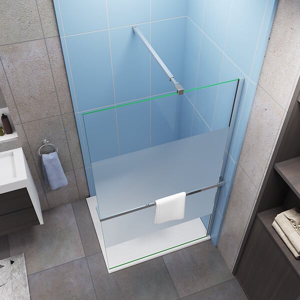 AICA SANITAIRE - Paroi de douche à l'italienne en bande central dépoli 140X200cm avec porte serviette-étagère chromé et une barre de fixation forme carré extensible - large