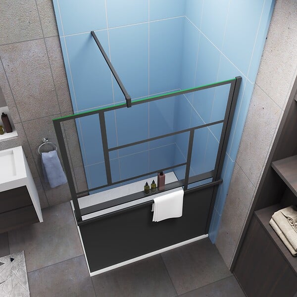 AICA SANITAIRE - Paroi de douche à l'italienne type atelier 100x200cm installé avec une barre de fixation carré en 90cm,livré avec étagère de douche noir - large