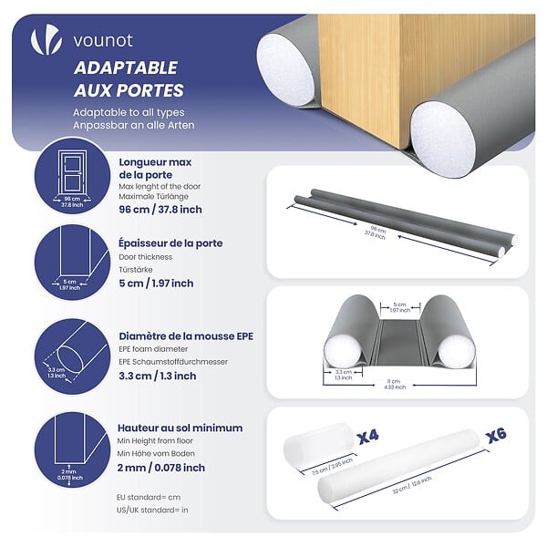 VOUNOT - Lot de 4 Boudins de Porte Isolants coupe froid Découpables 96cm Gris - large