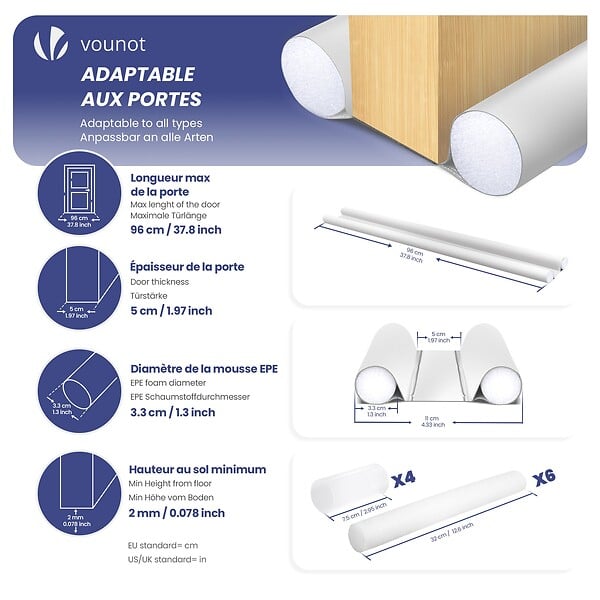 VOUNOT - Lot de 2 Boudins de Porte Isolants coupe froid Découpables 96cm Blanc - large