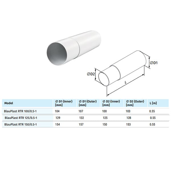 BLAUBERG - Tube télescopique PVC blanc longueur ajustable 0,5 à 1 mètre RTR - Diamètre (mm): 100 - large