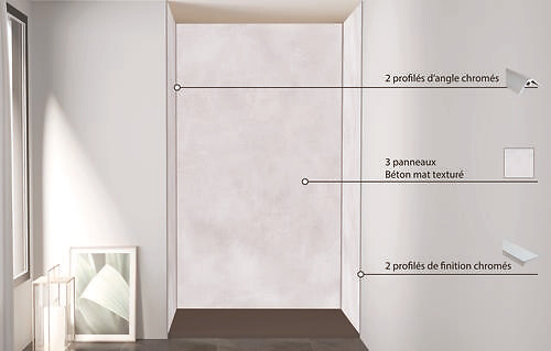ONDEE - Pack de montage 3 panneaux muraux en niche - Béton 120 cm - profilés chromés - large