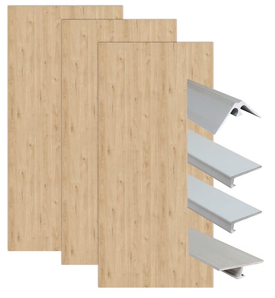 ONDEE - Pack complet de montage panneaux muraux Bois 200 cm - Profilé chromé inclus - large