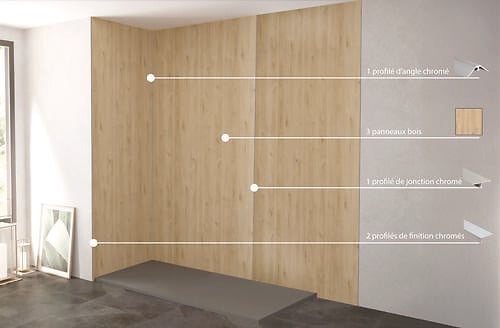 ONDEE - Pack complet de montage panneaux muraux Bois 200 cm - Profilé chromé inclus - large