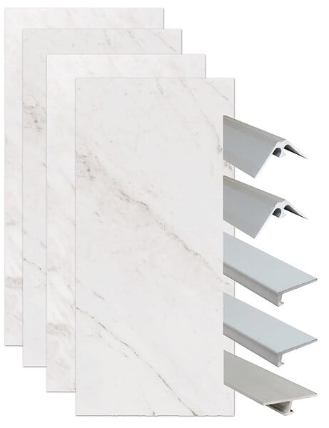 ONDEE - Pack montage 4 panneaux muraux en niche - marbre gris 200 cm - profilés chromés - large