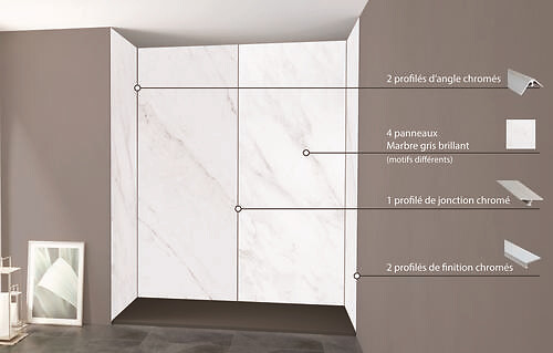 ONDEE - Pack montage 4 panneaux muraux en niche - marbre gris 200 cm - profilés chromés - large