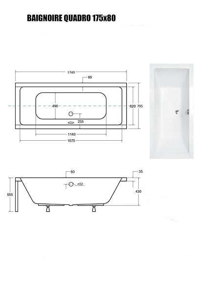 OTITEC - Baignoire rectangulaire - 170 x 75 cm - sans Habillage - avec Pieds - Vidage Chrome - QUADRO SLIM - large