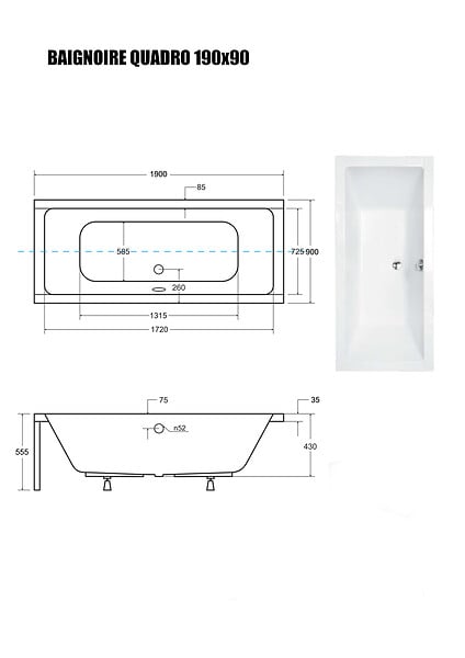 OTITEC - Baignoire rectangulaire - 165 x 75 cm - avec Habillage (4 cm) - Pieds - Vidage Chrome - QUADRO SLIM - large