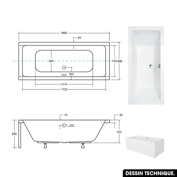 OTITEC - Baignoire rectangulaire - 180 x 80 cm - sans Habillage - avec Pieds - Repose-tête - Étagère bambou - Vidage Chrome - QUADRO - large